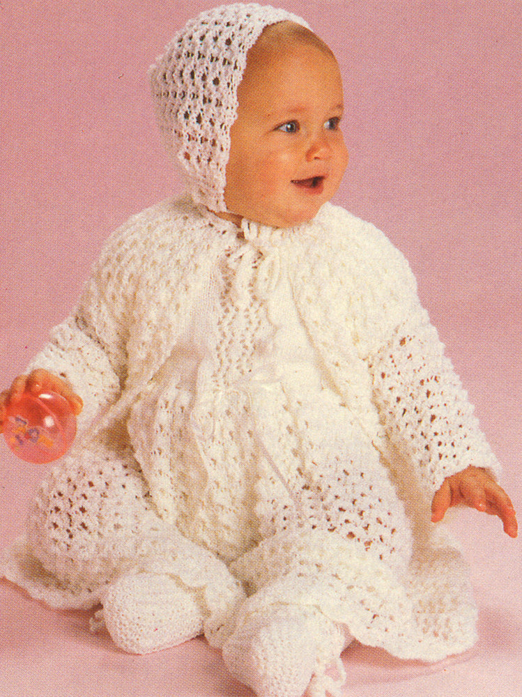 Christening Dress sweater booties and Bonnet Pattern Mary Maxim