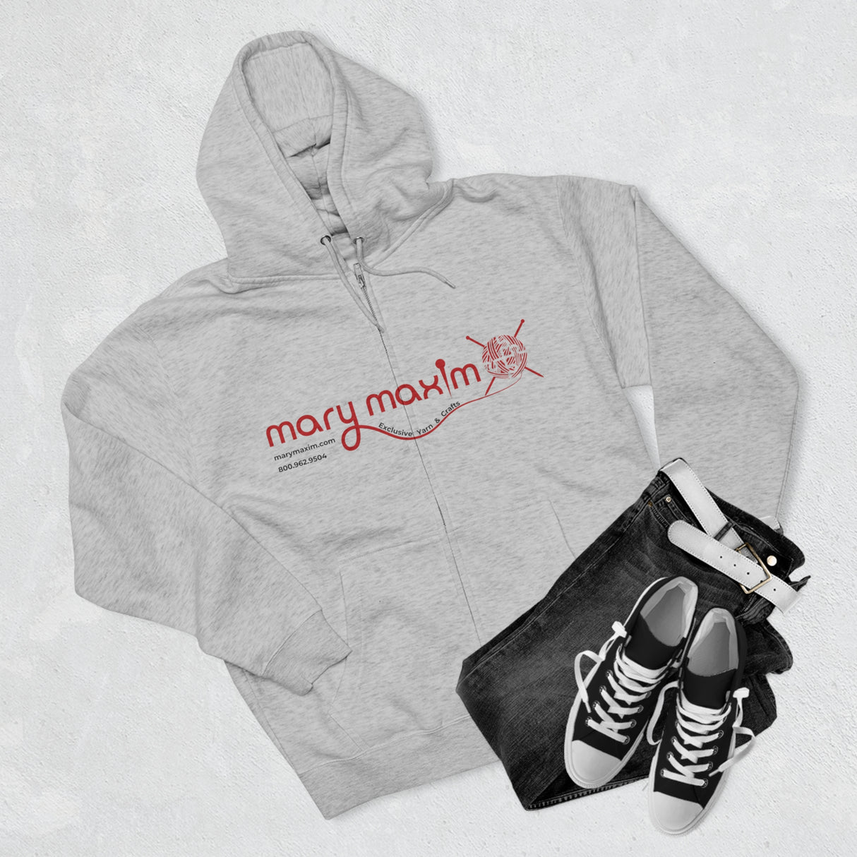 Sudadera con capucha y cremallera completa Mary Maxim - Logotipo rojo - Unisex