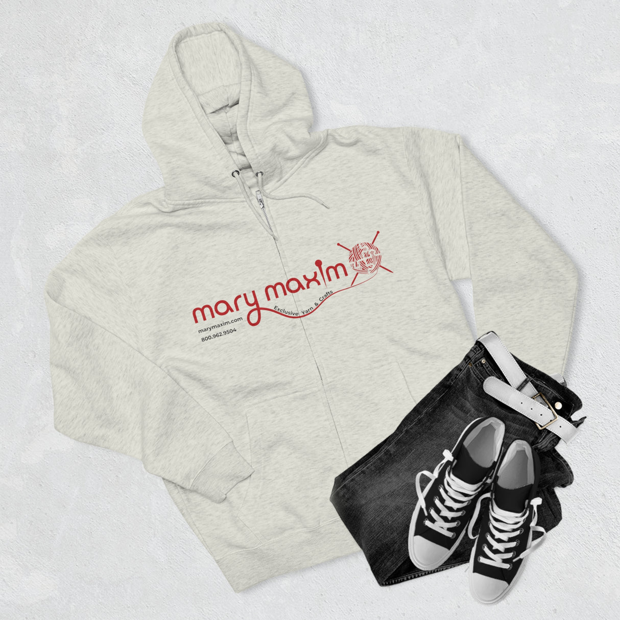 Sudadera con capucha y cremallera completa Mary Maxim - Logotipo rojo - Unisex