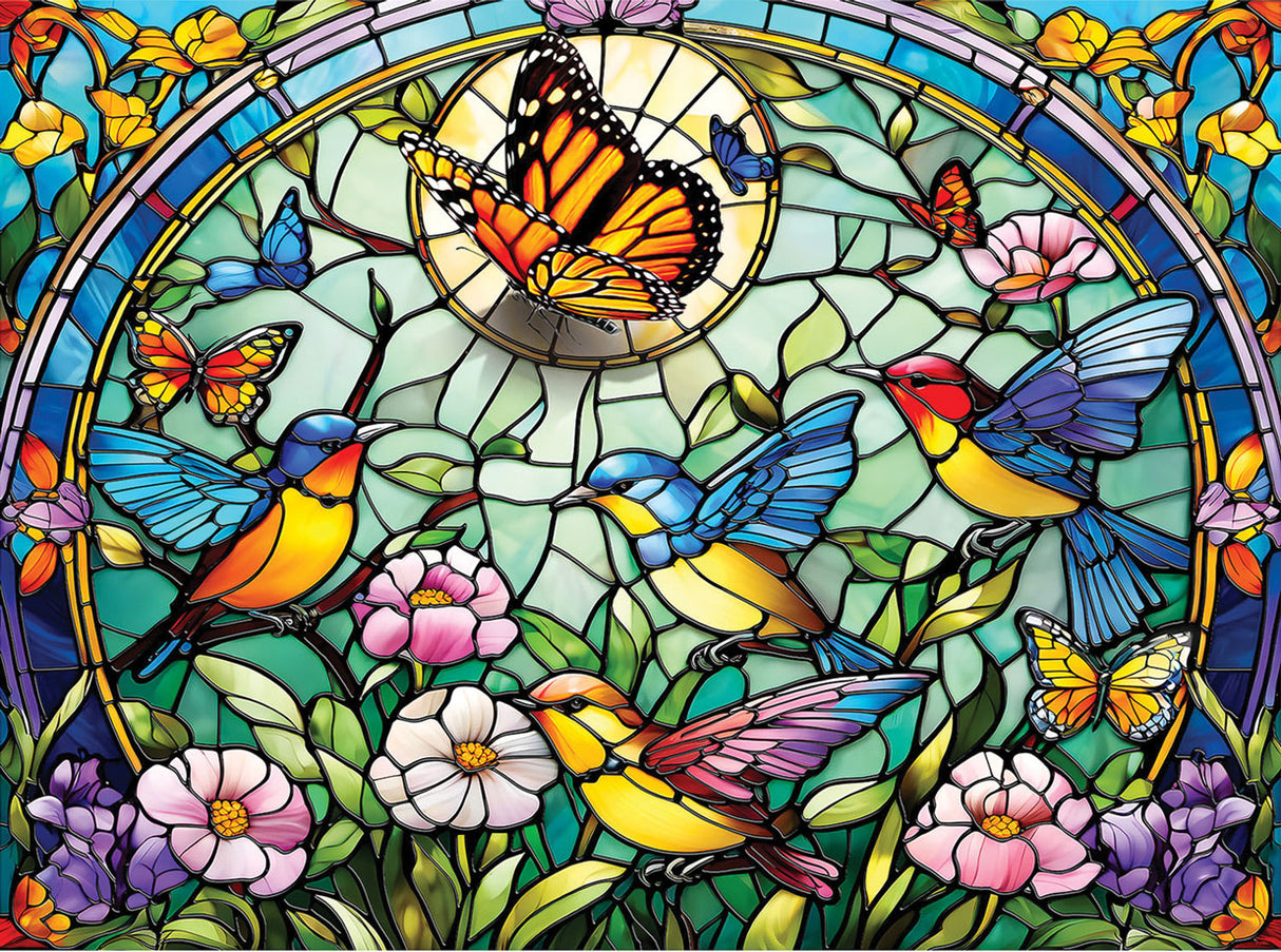 Stained Glass Songbirds and Butterflies Jigsaw Puzzle