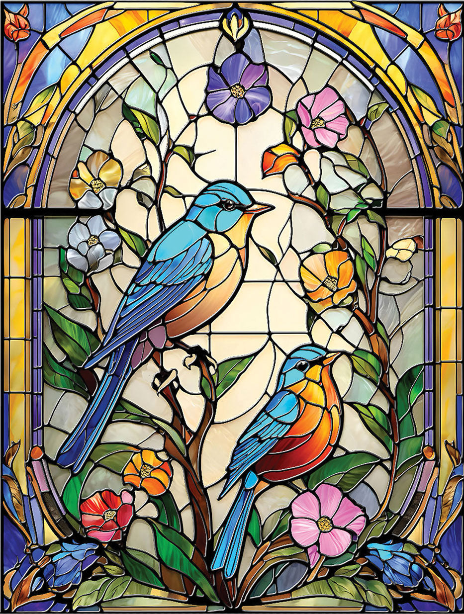 Stained Glass Flowers and Bluebirds Jigsaw Puzzle